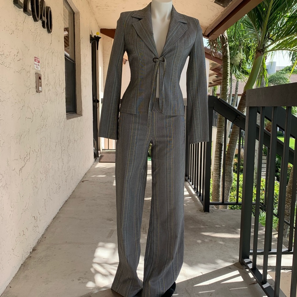 Three piece grey pinstripe suit